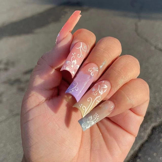 Magrace Long Square Press on Nails Fake Nails French Tips False Nails with Designs Rhinestone 24 pcs Stick on Nails for Women