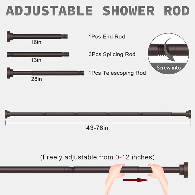 Thestoa Brown Shower Curtain Rod Adjustable 43-78 inch, 1"Diameter Spring Tension Curtain Rod No Drill, Anti-Rust Non-Slip Shower Rod for Bathroom Tension Rod