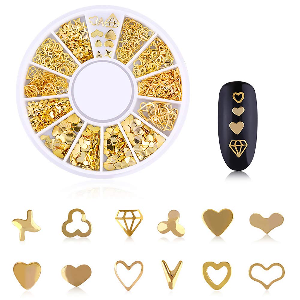 WOKOTO 6 Boxes Gold Nail Charms Studs Rose Star Moon Feather Shape Metal Nail 3D Charm Kit 3D Nail Art Jewelry Decoration with 1Pc Tweezers and Picker Pencil Tools