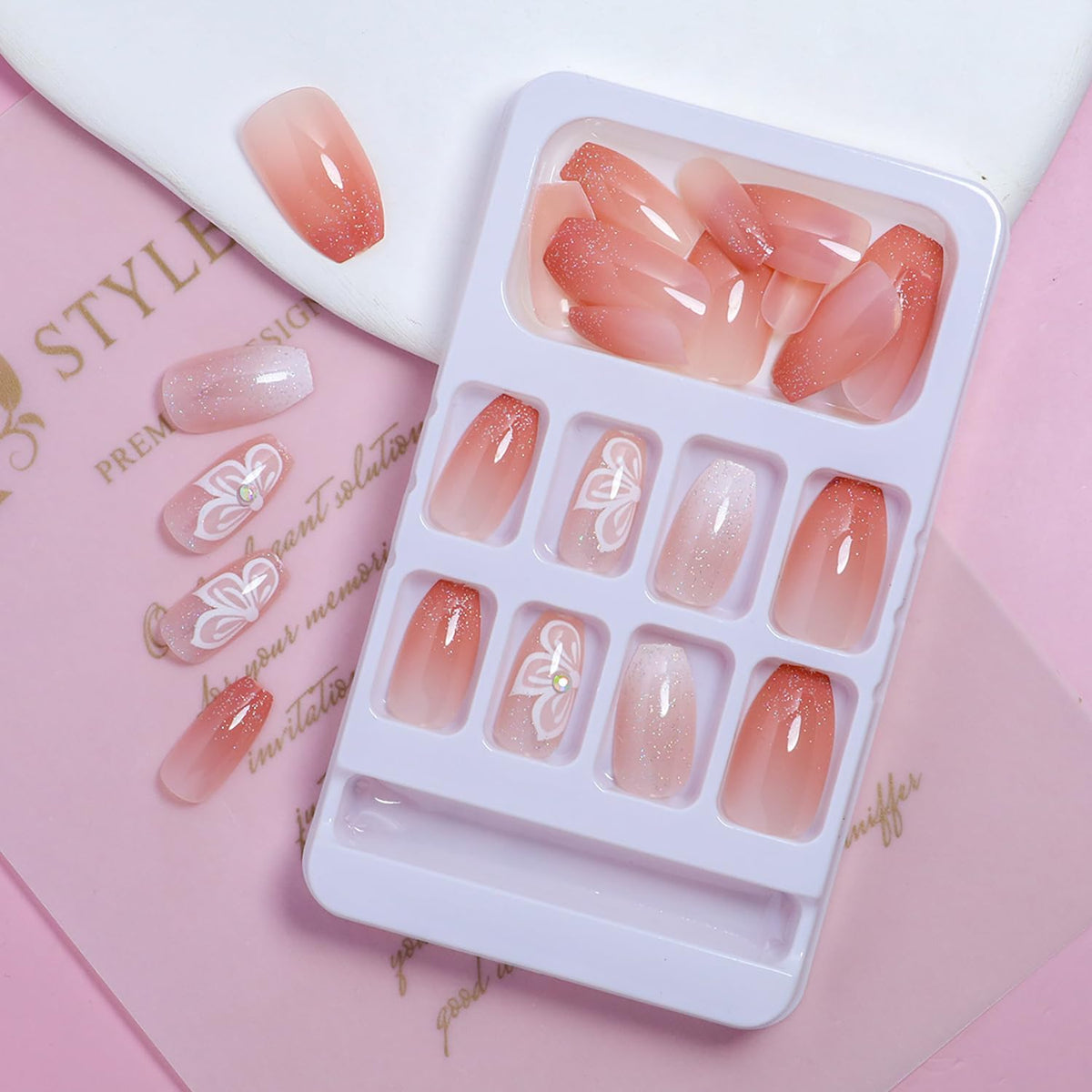 Press on Nails Medium Coffin SWEKKE Fake Nails Nude Pink Gradient Full Cover False Nails with Flower Designs Pink Glitter Glossy Glue on Nails Artificial Acrylic Nails for Women Girls 24 Pcs
