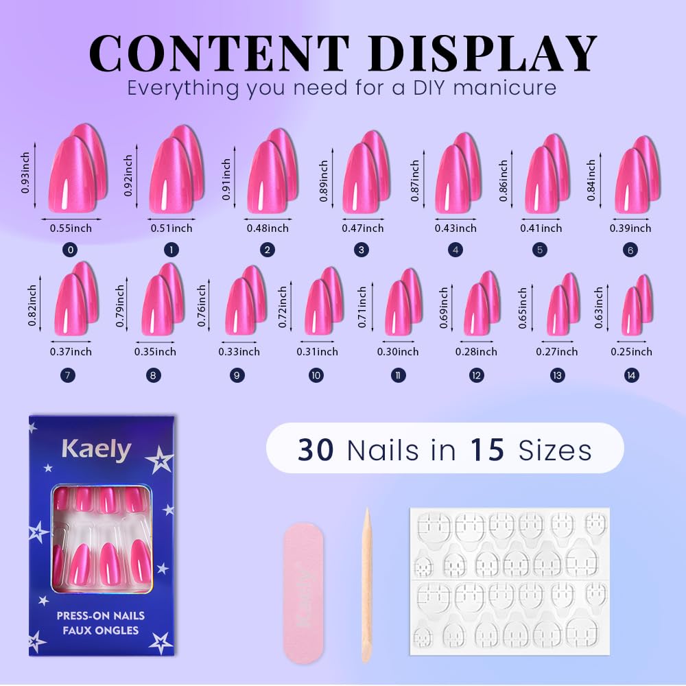 evpct Hot Pink Cat Eye Almond Medium Press on Nails for Women, Rose Red Medium Almond No Glue Stick on Nails with Cat Eye Design, Holographic Glossy Soft Nail, Reusable Press on Acrylic Fake Nail