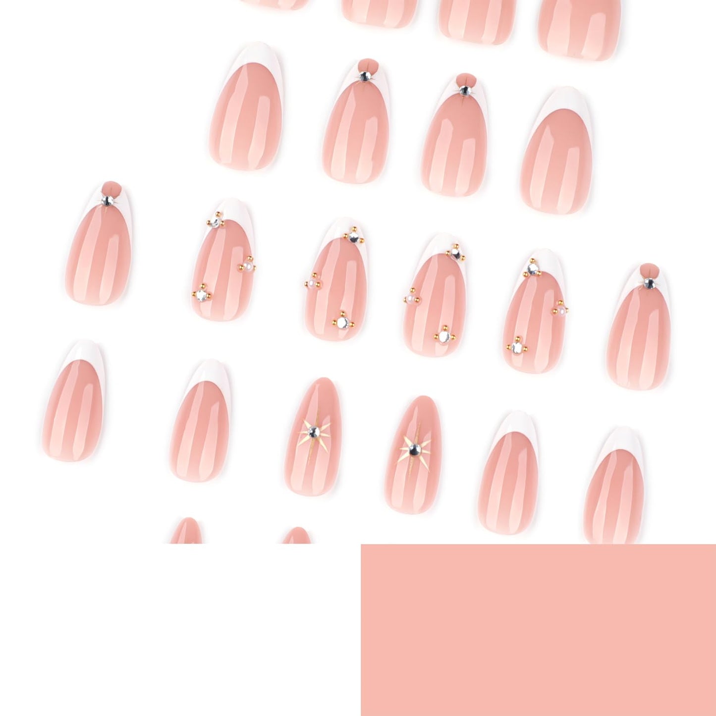 Mivota Luxury Soft Gel Press On Nails Almond French Tip Nude Pink with Gold Rhinestones, Reusable Glue On Fake Nails for Women, Salon Quality Manicure Set