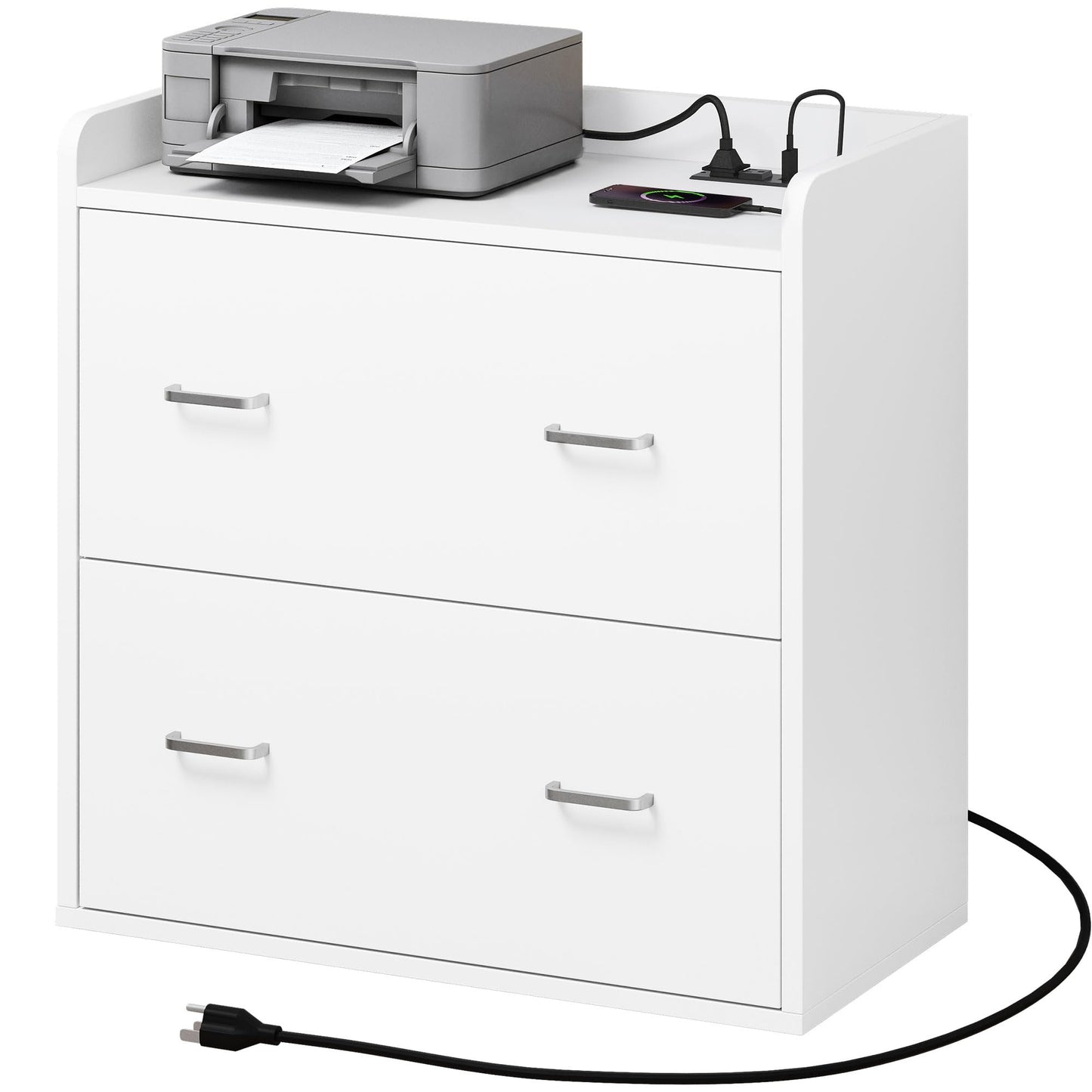 DWVO File Cabinet with Charging Station, 2 Drawer Lateral Filing Cabinet with Storage, Large Printer Stand for Home Office Living Room, Fits A4 Legal Letter Documents, White