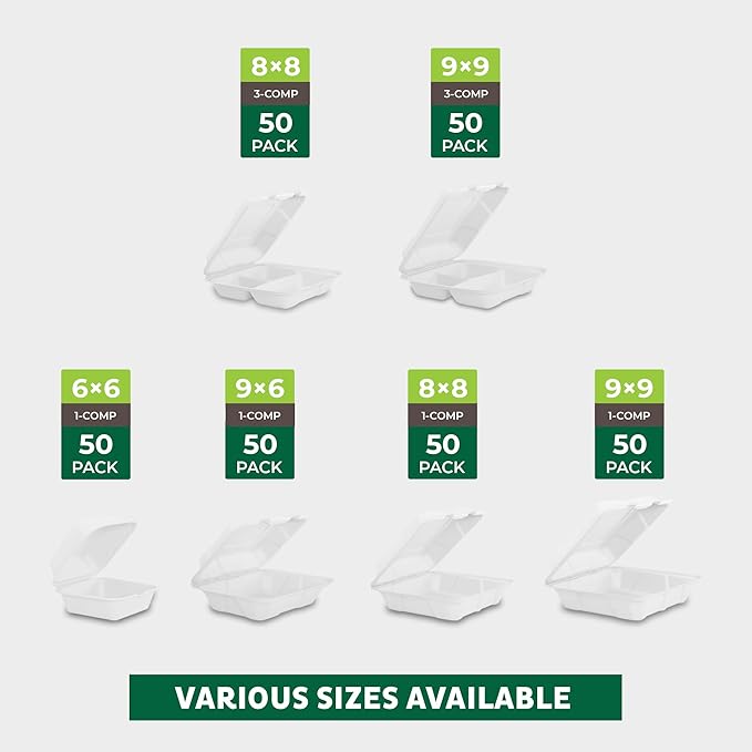 Freshware Compostable 9x9" Clamshell Take Out Food Containers [50-Pack] - Biodegradable Sugarcane To Go Boxes - Paper Food Container - Microwave & Freezer Safe, Stackable