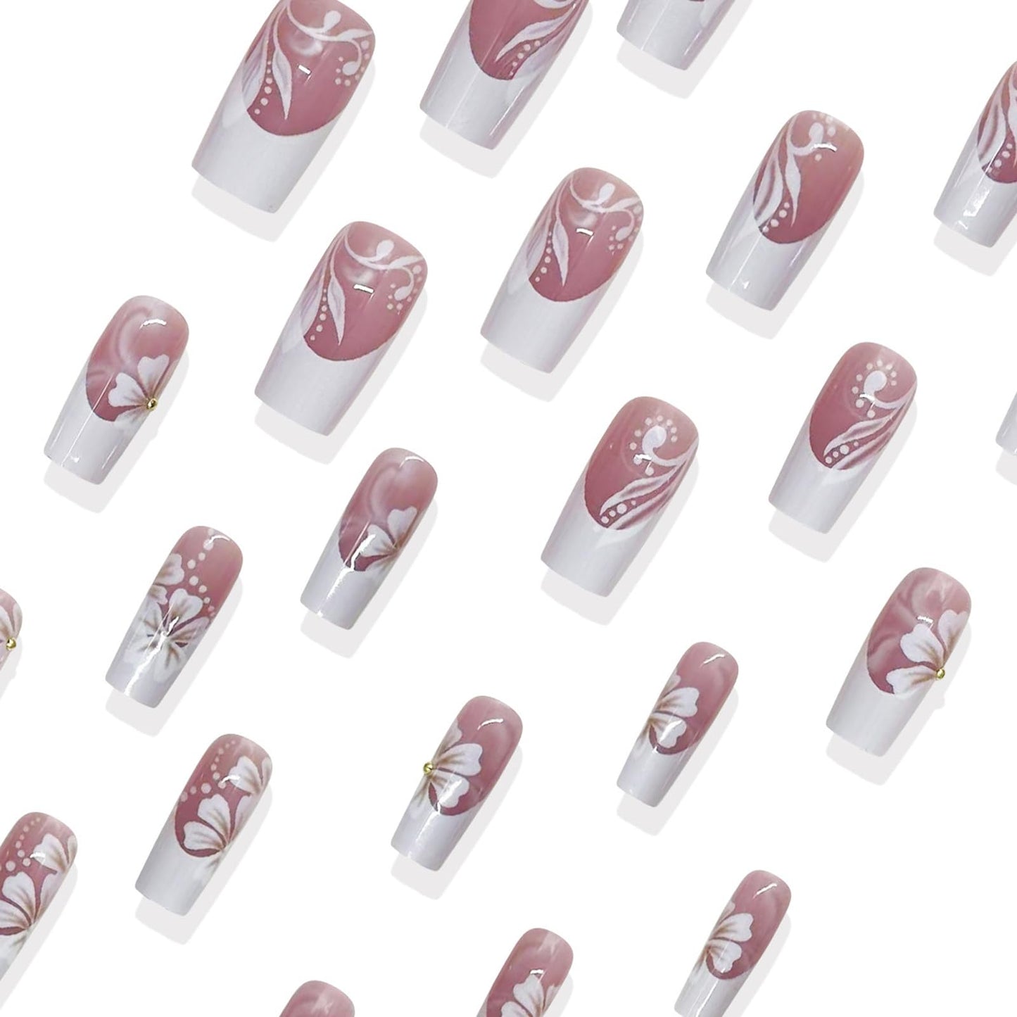 IMSOHOT Press on Nails Long Square Fake Nails White French Tip Glue on Nails with Flower Designs Full Cover Acrylic False Nails for Women Nail Decorations