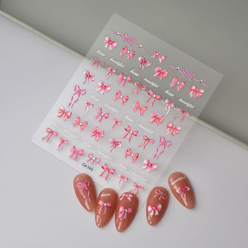 5D Embossed Bow Nail Stickers Pink Bowknot Nail Art Stickers with Rhinestone Design Bow Nail Decals for Women Girls Christmas Acrylic Nails DIY Manicure Nail Supplies