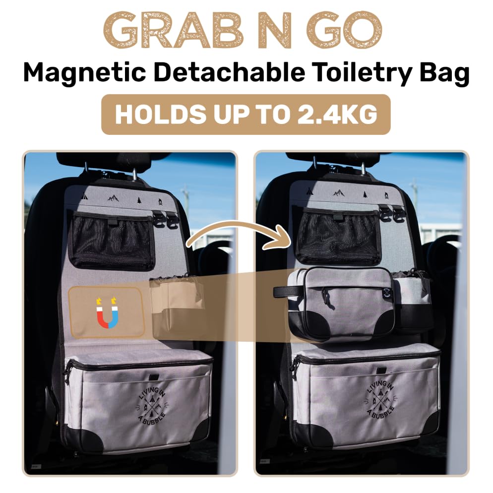 Living in a Bubble Seat back Organizer – Magnetic Toiletry and Cooler Pouch, Cordura Car Backseat Storage with Device Holder & Hooks, Multi-Compartment Utility Bag for Campervans & Family Travel