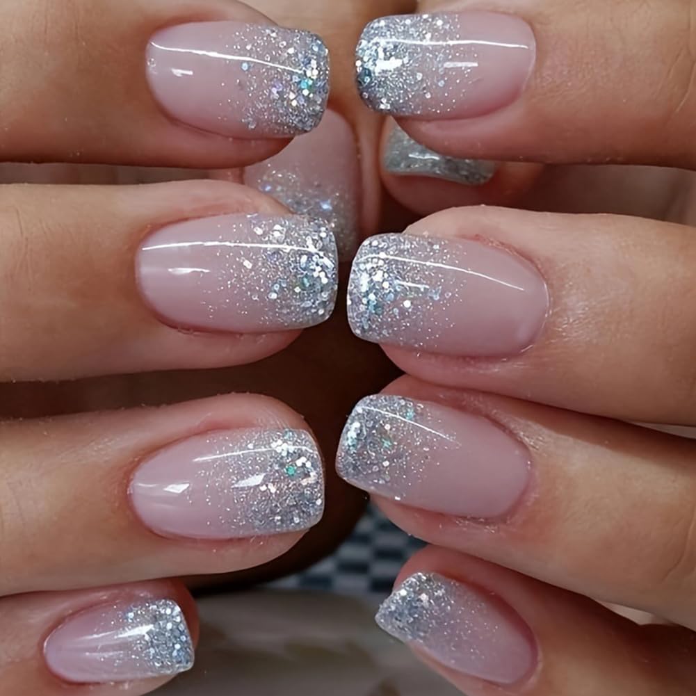 Hrnsnails Nails Press ons,Glitter Ombre Short Square Press on Nails Fake Nails Acrylic Artificial Nails Sparkly Sequins Stick on Nails for Women 24Pcs