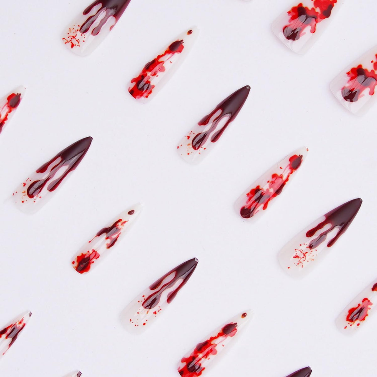 24pcs Halloween Press on Nail Extra Long Fake Nails Stiletto with Bloody designs Spooky False Nails Glossy Full Cover Acrylic Stick on Nail Reusable Party Finger Manicure for Women Girls Glue on Nails