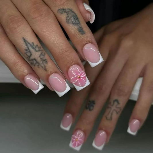 CTTHNBD Square Press on Nails - Short Fake Nails with Flower Design - White French Tip, Spring False Nails for Women - 24 Pcs