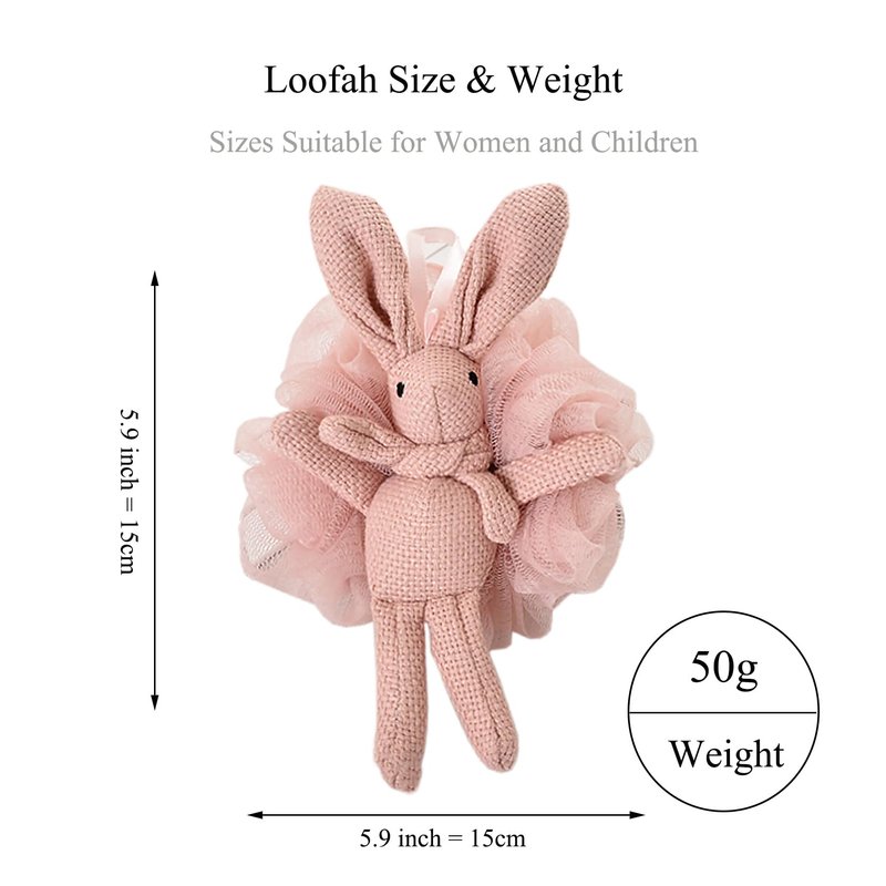 Kids Bath Loofah for Girls and Women,Soft Mesh Luffa with Cute Bunny Animal Character Exfoliating Body Scrubber Bath Sponge for Shower (2 Piece) - Pink & White