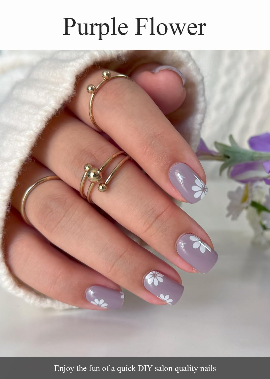 AutyaMee Semi Cured Gel Nail Strips (Purple Flower), 20 Pcs Gel Nail Wraps, Stickers, Salon Quality, Long Lasting, Works with Any UV Lamps