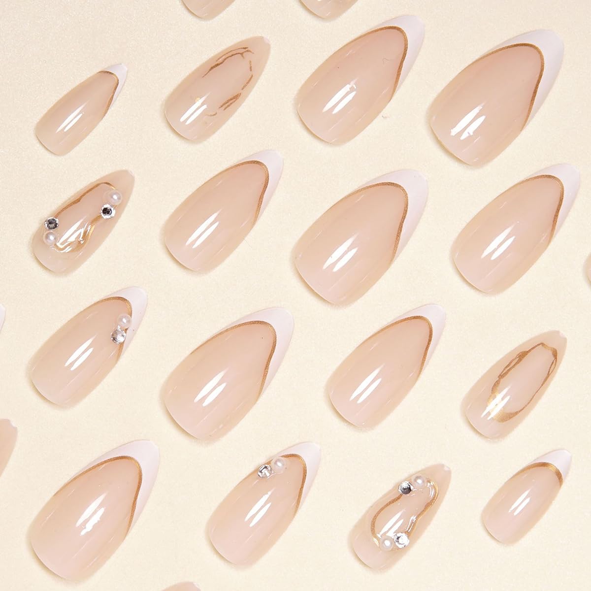 White French Tip Press on Nails Medium Almond Fake Nails Luxury Gold Line Design 3D Pearl Rhinestones Acrylic Nails Nude Full Cover Glue on Nails Reusable French False Nails for Women Manicure 24Pcs