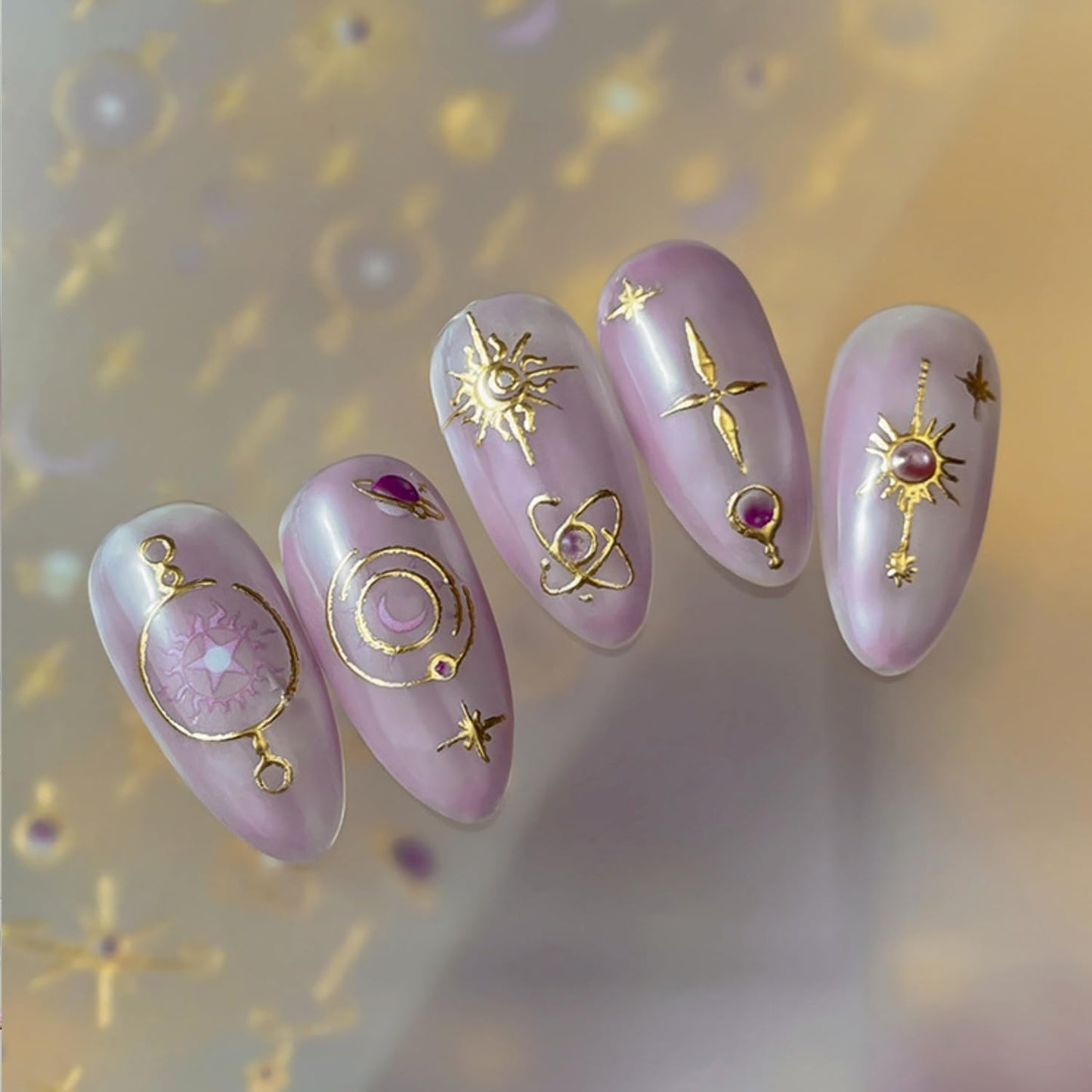 Gold Nail Art Stickers 5D Embossed Moon Star Nail Stickers Self Adhesive Planet Sun Design Metal Nail Decals Luxury Purple Gold Nails Accessories for Women Manicure