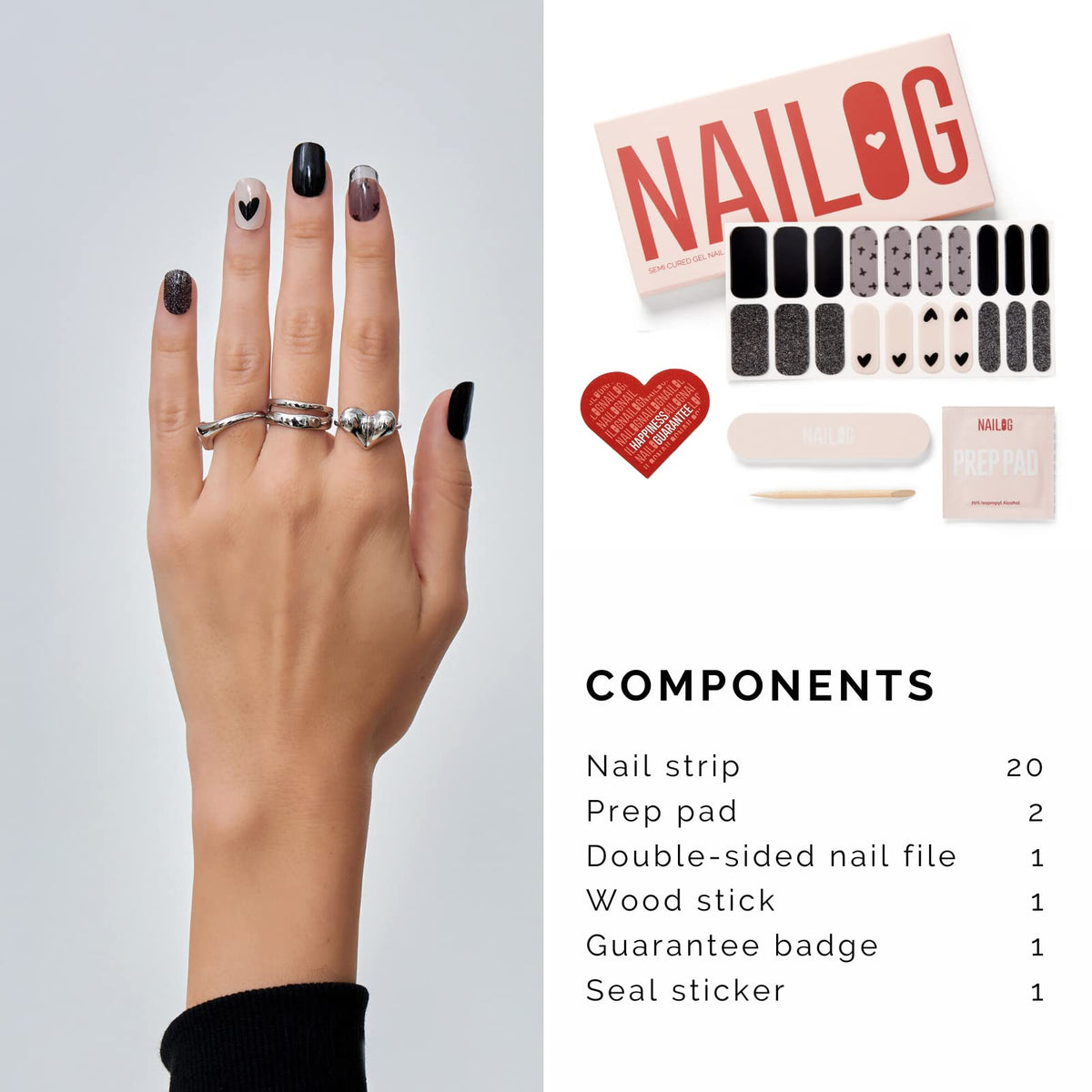 NAILOG Semi Cured Nail Strips for Halloween, 20 Extra Long Gel Nail Strips │ Glossy & Long Lasting Nail Polish Stickers, Nail Wraps with Soft Gel Finishing │Black Little Heart