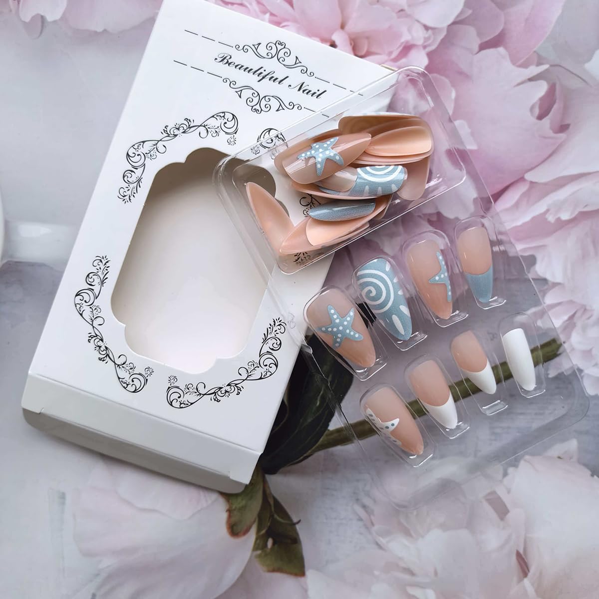QUNQINLI Medium Almond French Tip Press on Nails Summer Fake Nails Press ons Nail Tips Kit with Sun Starfish Design Blue White False Nails Full Cover Nude Glossy Glue on Nails for Women 24 Pcs