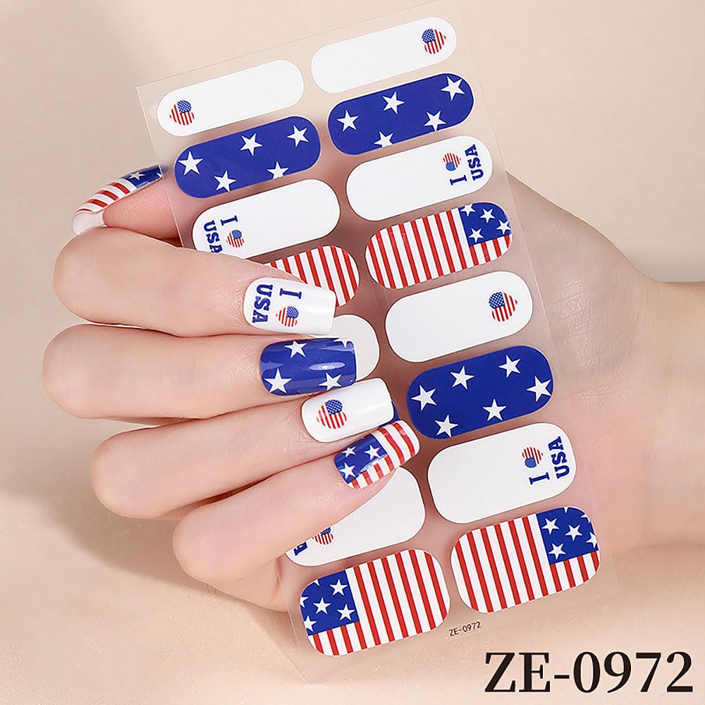 4th of July Nail Wraps Stickers Red Blue White Star Nail Strips Stickers Patriotic Nail Polish Strips Nail Accessories Independence Day Nail Art Supplies for Women DIY Manicure Nail Decoration 2Pcs