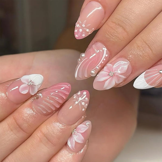 3D Flower Press on Nails Short Almond Fake Nails Press ons Summer White French Tip False Nails with 3D Pearl Conch Stripe Design Nude Pink Stick on Nails for Women 12 Sizes-24 Pcs Nail Kit