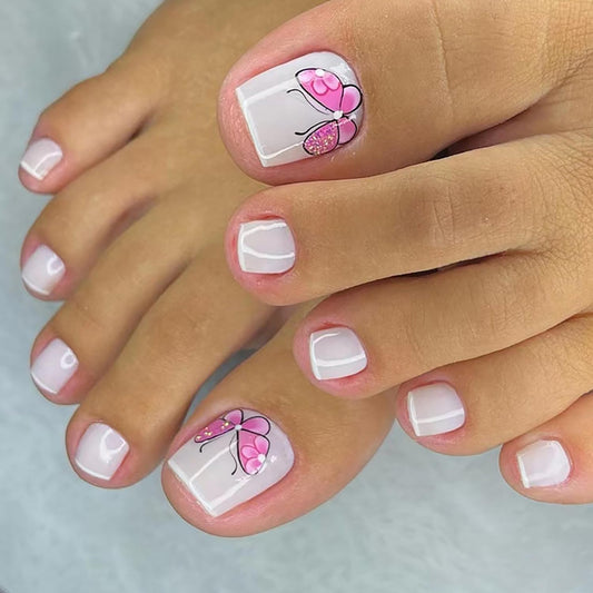 Press On Coffin Toenails With Butterfly Designs, Full Cover Reusable False Nails With Adhesive Tab, Artificial Acrylic Fake Toe Nails, Glue On With Charm, Stick On for Women
