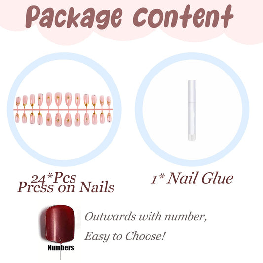 BABALAL Press On Nails, Medium Almond Fake Nails, Gold Chrome French Tip, Star & Rhinestone Design Y2k, Glossy Full Cover Glue On Nails For Women And Girls 24Pcs