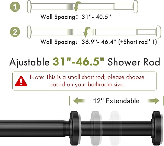 AmazerBath Spring Tension Shower Curtain Rod, 31-46.5 Inches Heavy Duty Shower Rod Rust Proof Bathroom Curtain Rod, Adjustable Shower Tension Rod No Drill Easy Segmented Installation, Black