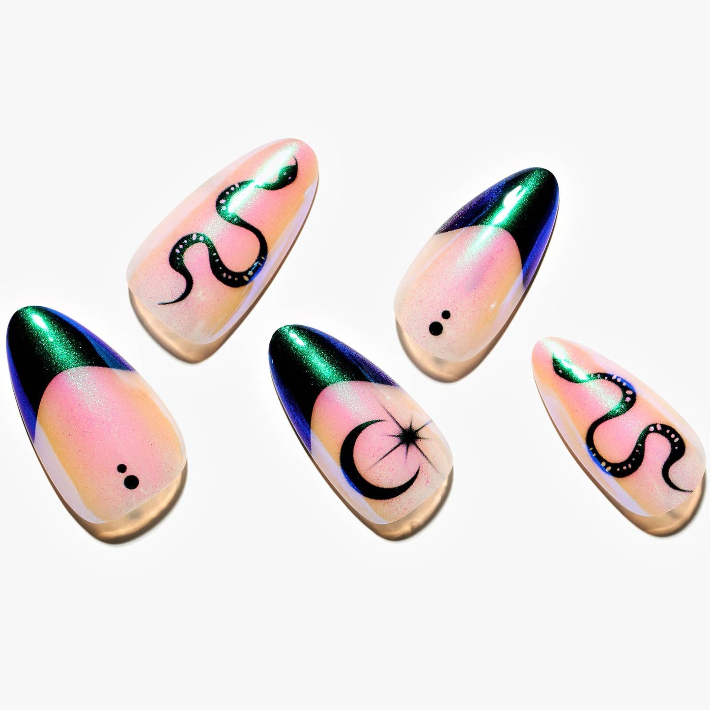 GLAMERMAID Chrome Gothic Snake French Tip Press on Nails Medium Almond, Halloween Glazed Gel Glue on Nail, Short Stiletto Reusable UV Finish Fake Nail, Acrylic Oval False Nails Manicure Kits for Women