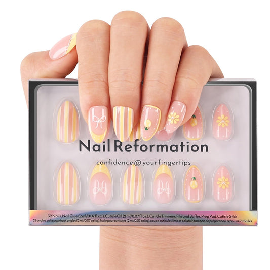 Nail Reformation Press On Nails, Lemon Tart | Soft Pink Short Almond Fake Nails with Wavy Yellow French Tips, White Bows & 3D Jewels, Reusable Stick On Nails Kit - 32 Pcs in 16 Sizes, Gifts for Women