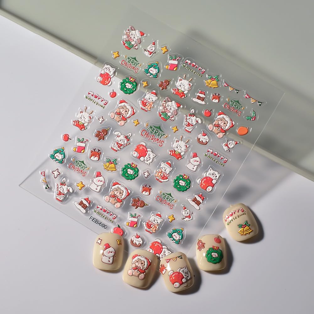 Christmas Nail Art Stickers 5D Embossed Snowman Nail Stickers Self-Adhesive Snowflake Santa Claus Christmas Wreath Nail Decals for Women Girls Winter Holiday Manicure DIY Nail Supplies
