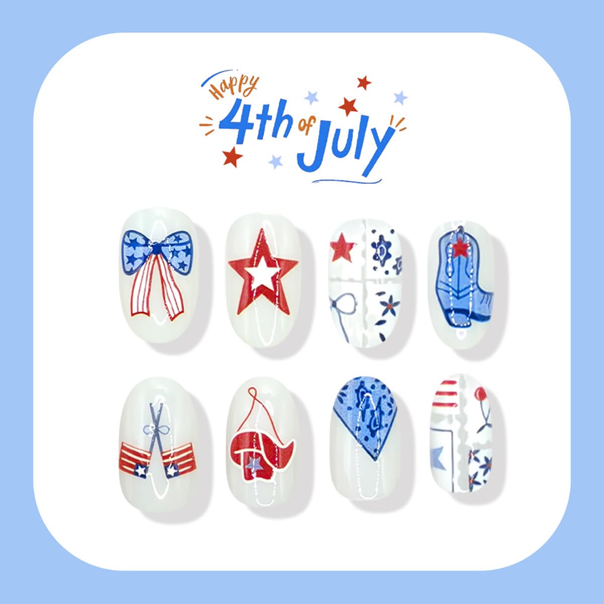24Pcs 4th of July Press on Nails Short Almond Fake Nails American Flag with Cowboy Patriotic Press Ons Designs Star Stripe Bow Glue on Nails Independence Day False Nails for Women Acrylic Manicure