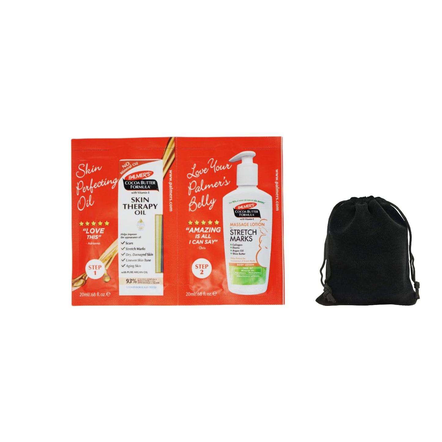 Palmer's Cocoa Butter Formula Skin Therapy Oil and Massage Lotion for Stretch Marks, Travel Pack, 0.68 FL OZ, Intensive Hydration, Skin Elasticity, Pregnancy Safe, Paraben-Free, 10 CT, W/Travel Pouch