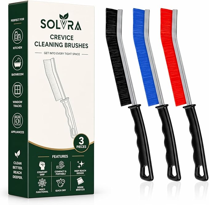 Crevice Cleaning Brush Set â 3Pcs Hard Bristle Cleaning Tools in Black, Red & Blue for Grout, Tile Floors, Gaps & Narrow Spaces â Small Grout Scrub Brush for Bathroom, Shower, Window Tracks, Kitchen