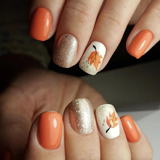 24pcs Fall Press on Nail Short Square Fake Nails Full Cover Orange Press ones with Maple Leaves designs Thanksgiving False Nails Gold Glitter Acrylic Stick on Nails for Women Girls Autumn Manicure