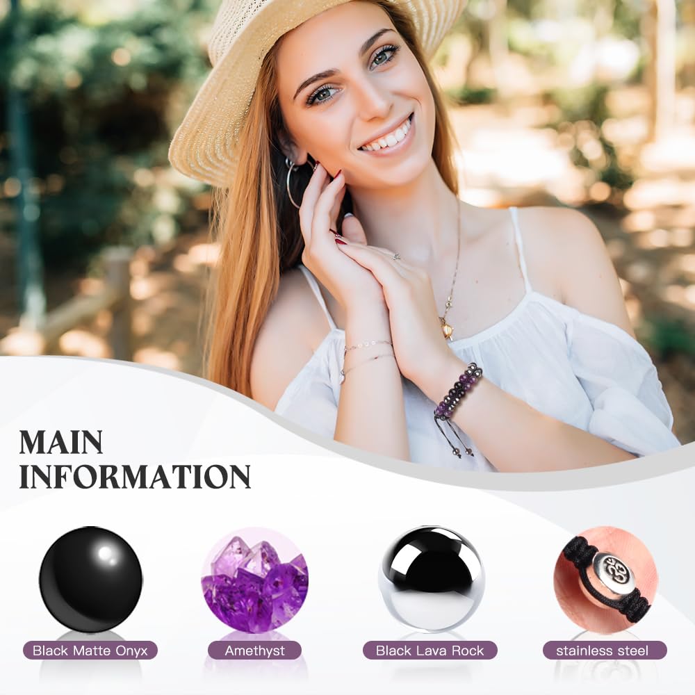 Triple Protection Bracelet - for Protect & Balance - Energy Crystal Bracelets for Men Women - Bring Good Luck & Prosperity - Amethyst Hematite & Black Obsidian Jewelry Natural Stone Healing Bracelet