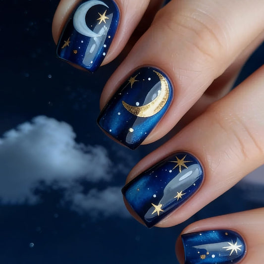 Short Press on Nails Square Blue Fake Nails Bling Full Cover Stick on Nails Starry Sky Shiny with Designs Short False Nails Moon Glue on Nails Artificial Acrylic Nails for Women 24Pcs