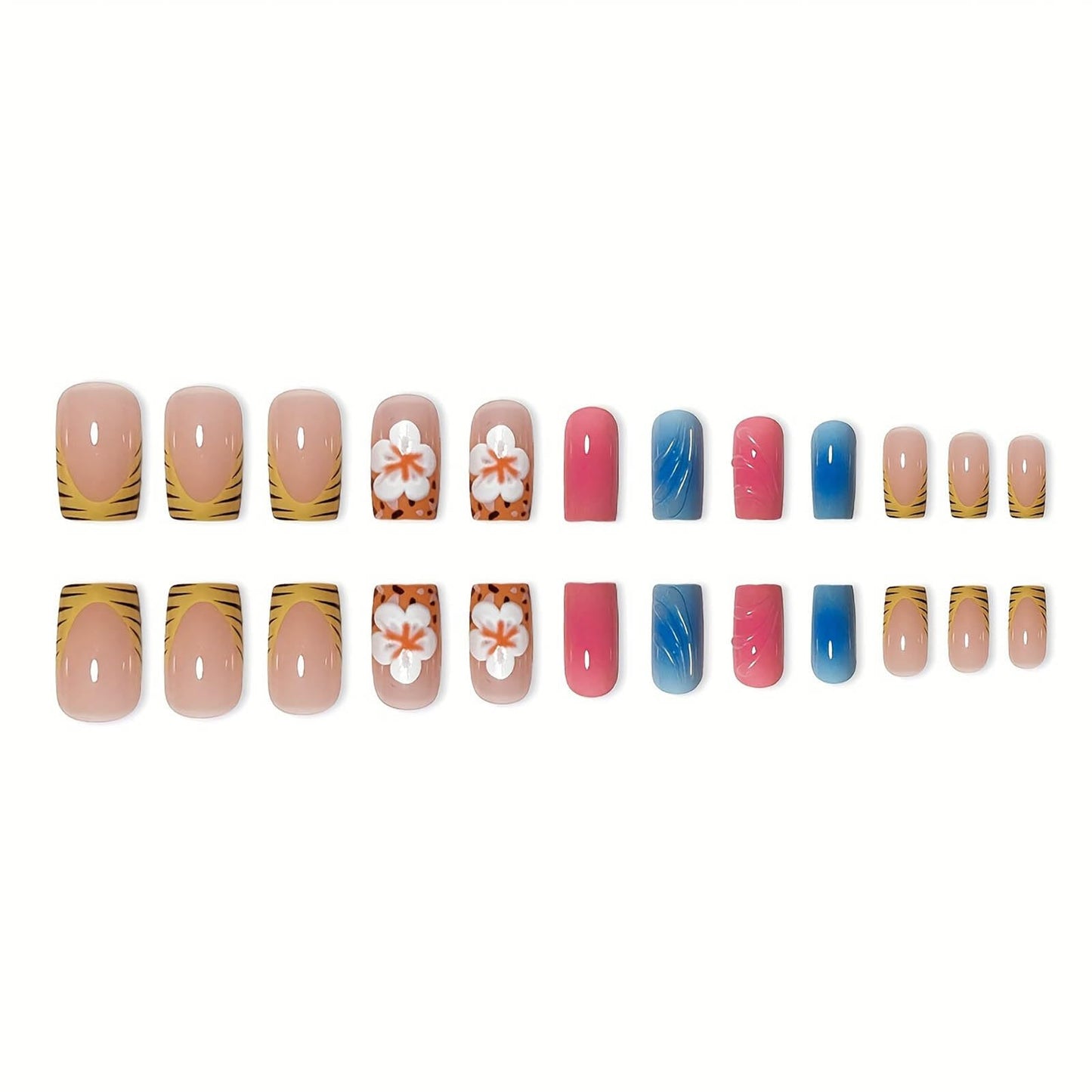 Short Press on Nails Square French Tip Fake Nails Pink Blue Glue on Nails with 3D Swirl and Flower Designs Acrylic Nails Press ons Full Cover Stick on Nail for Women Manicure 24Pcs