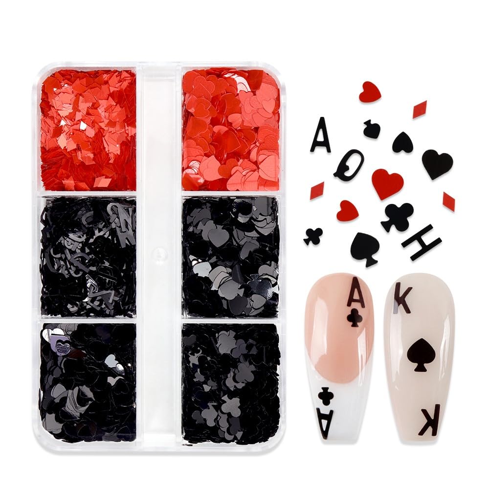 1 Box 2 Color Holographic Poker Nail Glitter Red Black Peach Hearts Nail Sequins 3D Letter Nail Flakes Sparkly Powder Flakes Shiny Nail Glitter Alphabet Nail Sequins Glitter for Nails Art 6 Grids