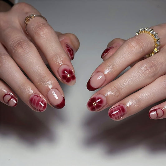 Red French Tip Press On Nails Short Almond Fake Nails with Floral Plaid Pattern Glossy Acrylic Glue On Nails Reusable Nude Burgundy Nail Art for Women