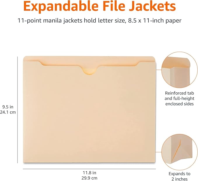 Amazon Basics Reinforced File Jackets, Letter Size, Straight-Cut Tab, 2 Inch Expansion, Manila, 50-Pack
