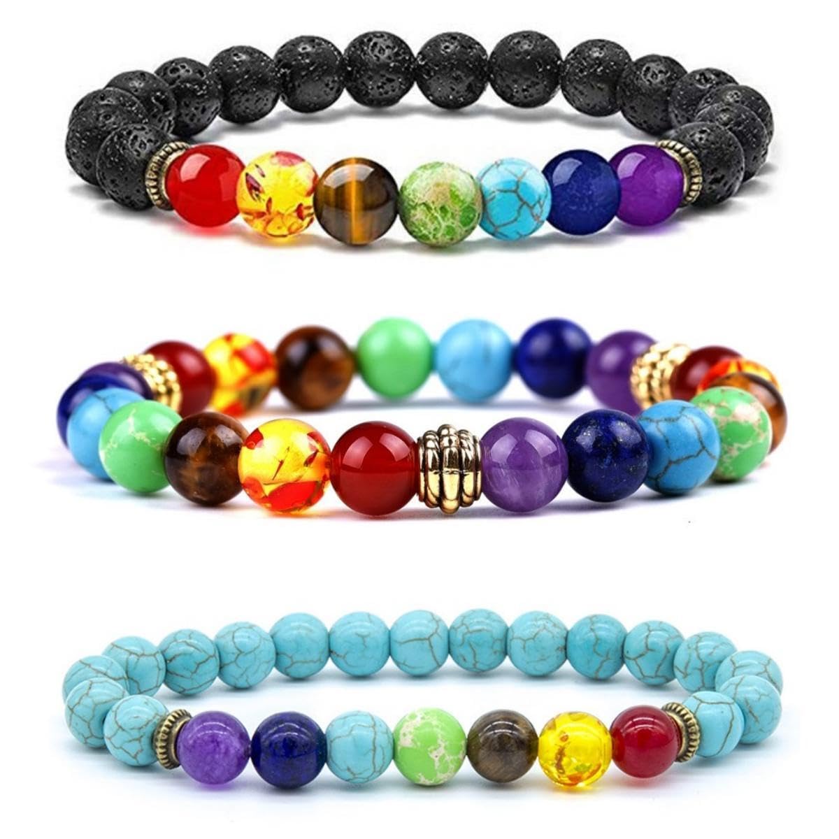 SRHVJ Chakra Bracelets for Women Men,8mm 6mm Adjustable Lava Rock Bracelet (3 pcs Chakra Bracelets)