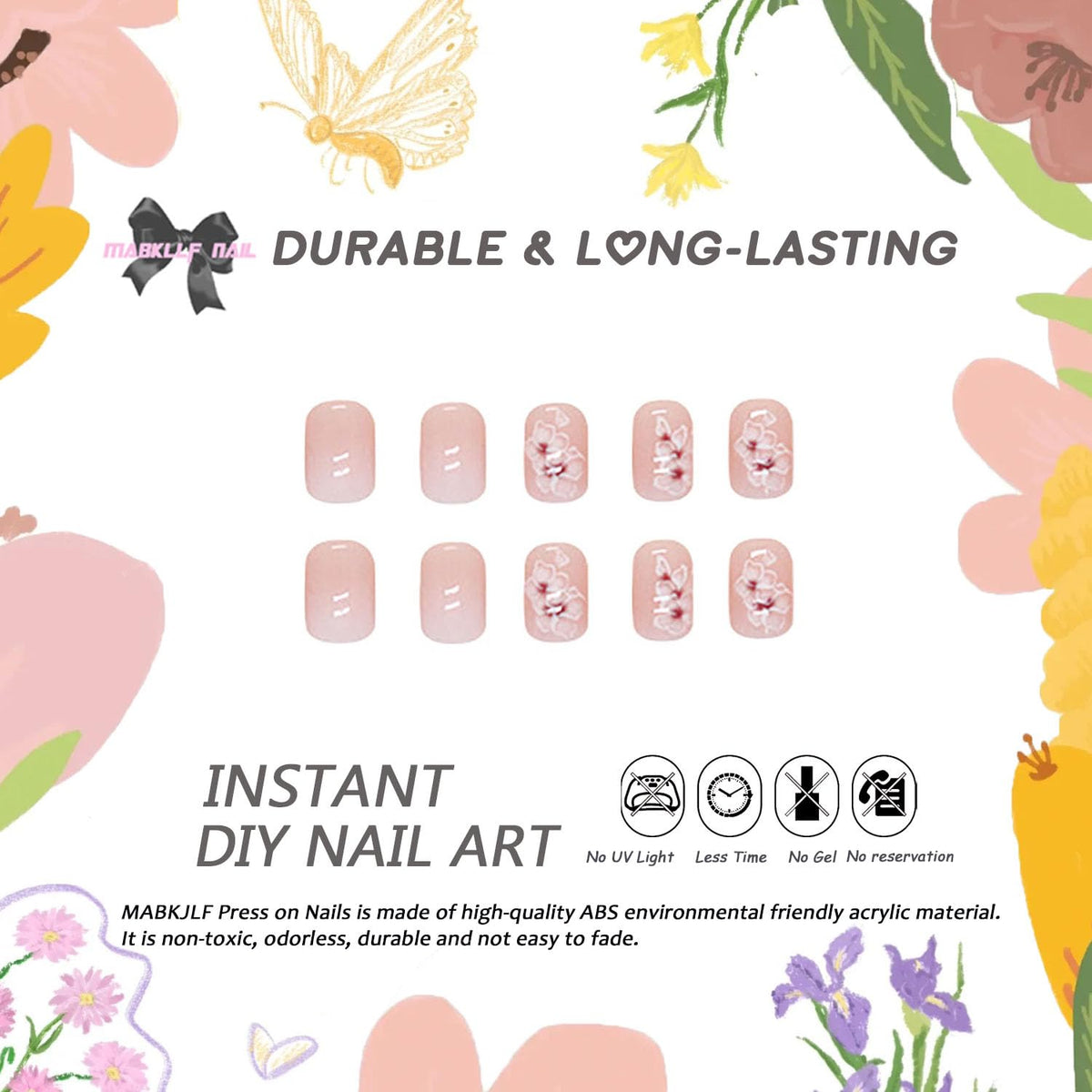 Short Square Press on Nails MABKJLF French Fake Nails Gradient Full Cover White Flower False Nails with Designs Glossy Glue on Nails Acrylic Nails Artificial Nails for Women Girls 24 Pcs
