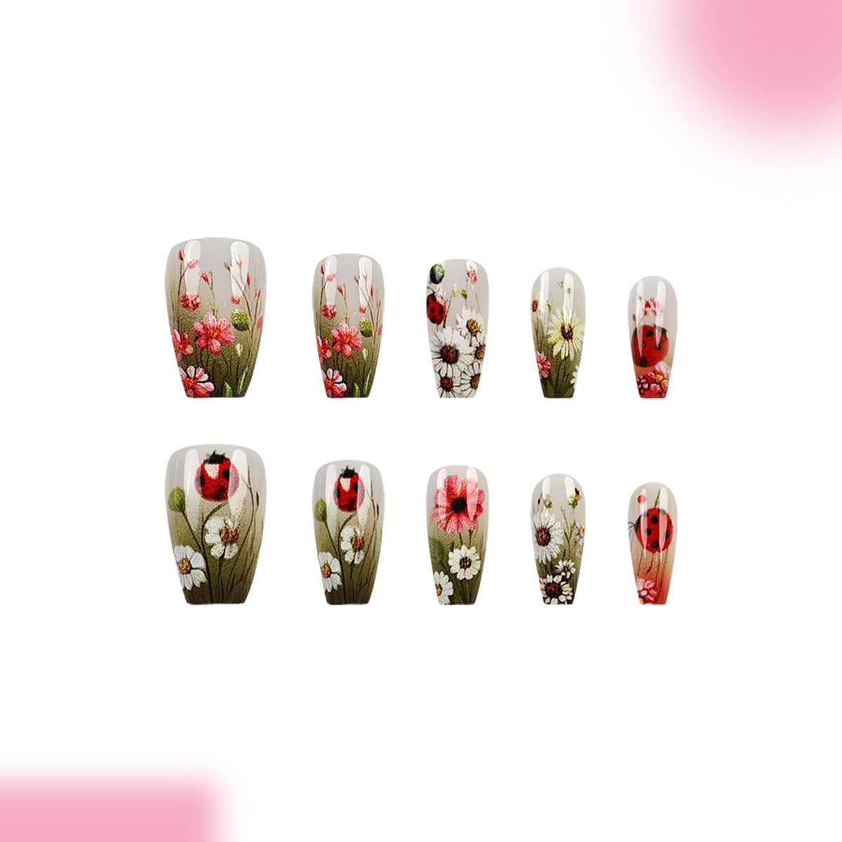 Spring Daisy Oil Painting Press on Nails Medium Ballet Fake Nails Ladybug Flowers False Nails with Nude Daisy Flowers French Design Spring Stick on Nails for Women Girls Manicure Decoration 24 pcs