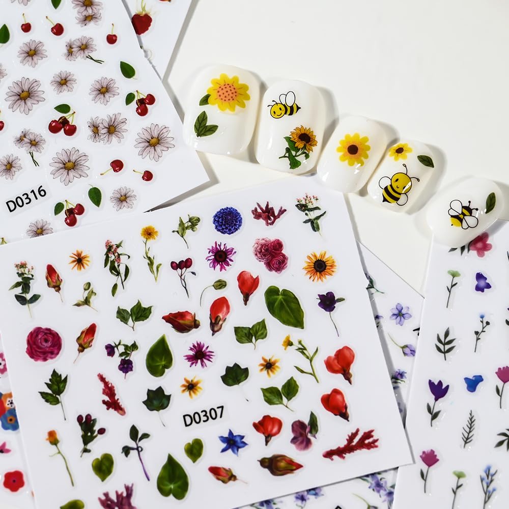 30 Sheets Flower Nail Stickers for Nail Art, 3D Self-Adhesive Wildflower Nail Decals, Sunflower Lavender Spring Nail Supplies Nail Art Design Accessories for Women and Girls Manicure DIY Decoration