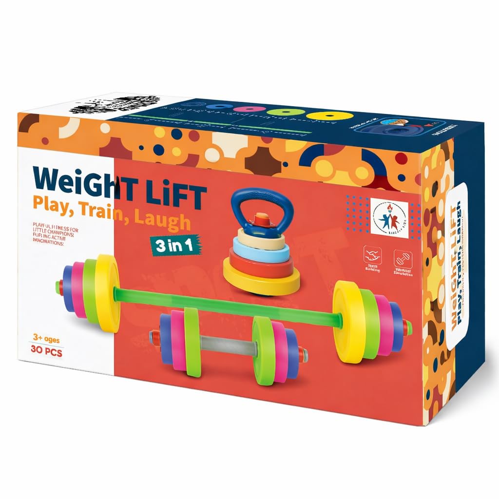 Kids Exercise Weight Set - 3-in-1 Adjustable Workout Toy Equipment for Children Pretend Play Exercise - Toddler Beginner Gym, Fitness, Weightlifting and Powerlifting (Dumbbell, Barbell, Kettlebell)