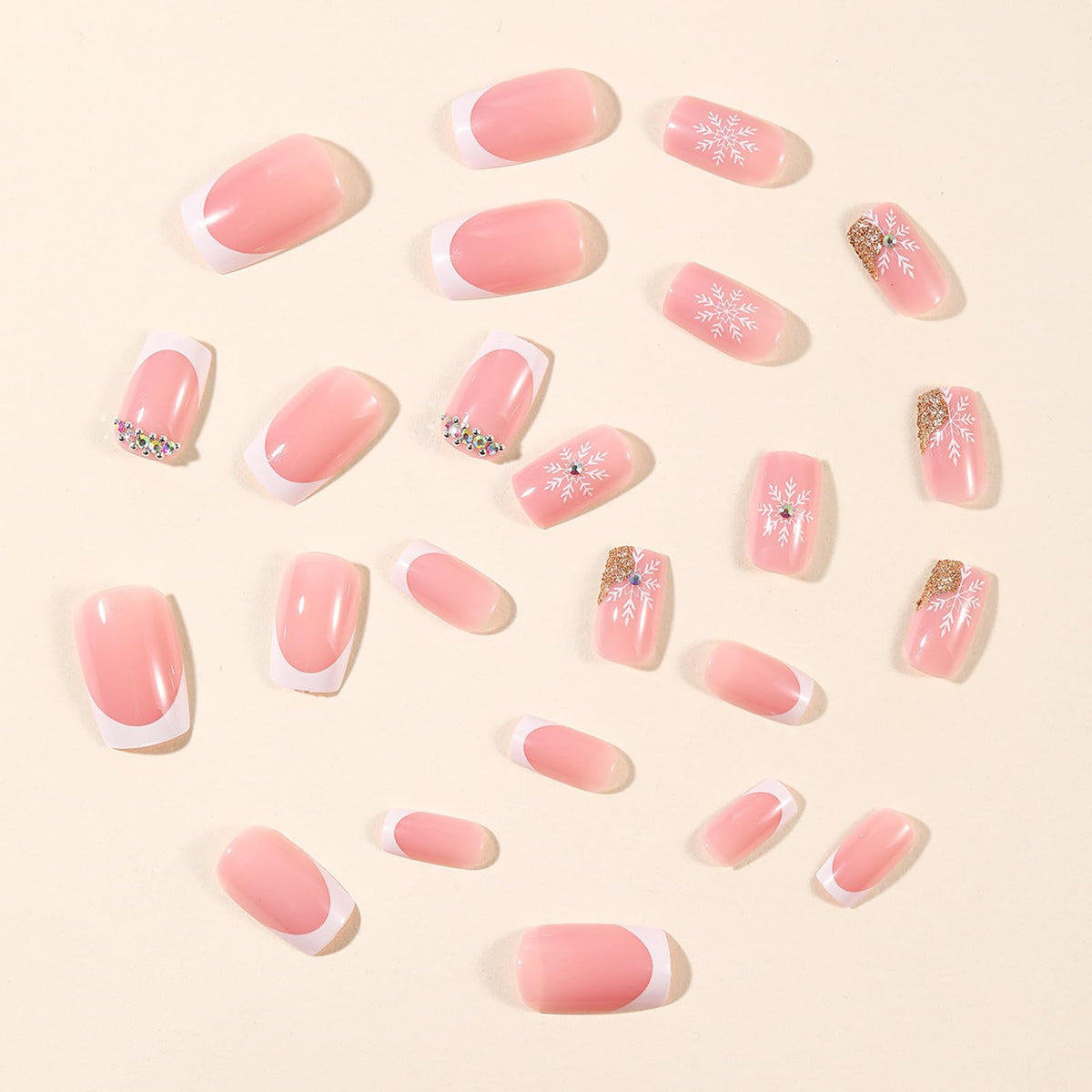 IMSOHOT Medium Square Press on Nails, White French with Snowflake Gold Glitter & Rhinestone Acrylic Nails, 24PCS