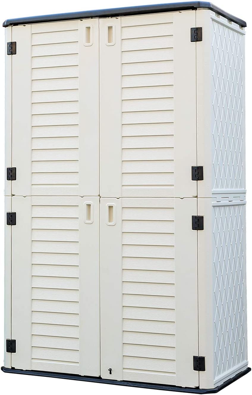 HOMSPARK Storage Shed Weather Resistance, Multi-Purpose Outdoor Storage Cabinet for Backyards and Patios, Horizontal Storage Shed for Lawnmower, Patio Accessories (White, Tall - 53 cu.ft)