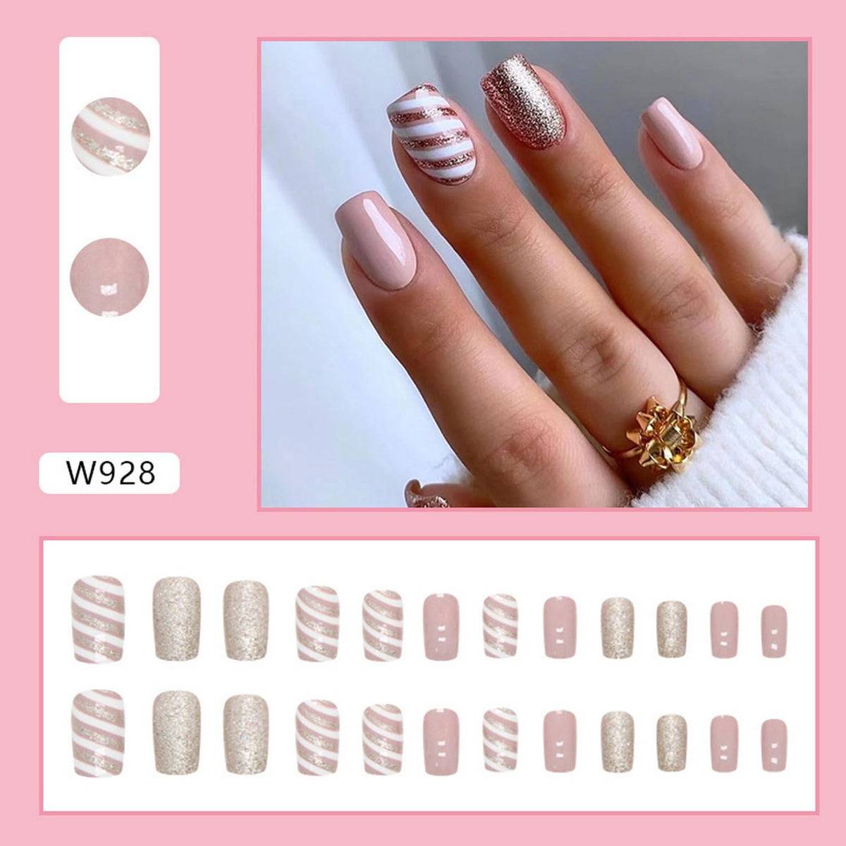 Christmas Press on Nails Medium Length Fake Nails Pink Acrylic Nails with Stripe designs Glitter Winter Christmas Glossy Nails Xmas Winter Glue on Nails for Women Girls Art Nail 24pcs
