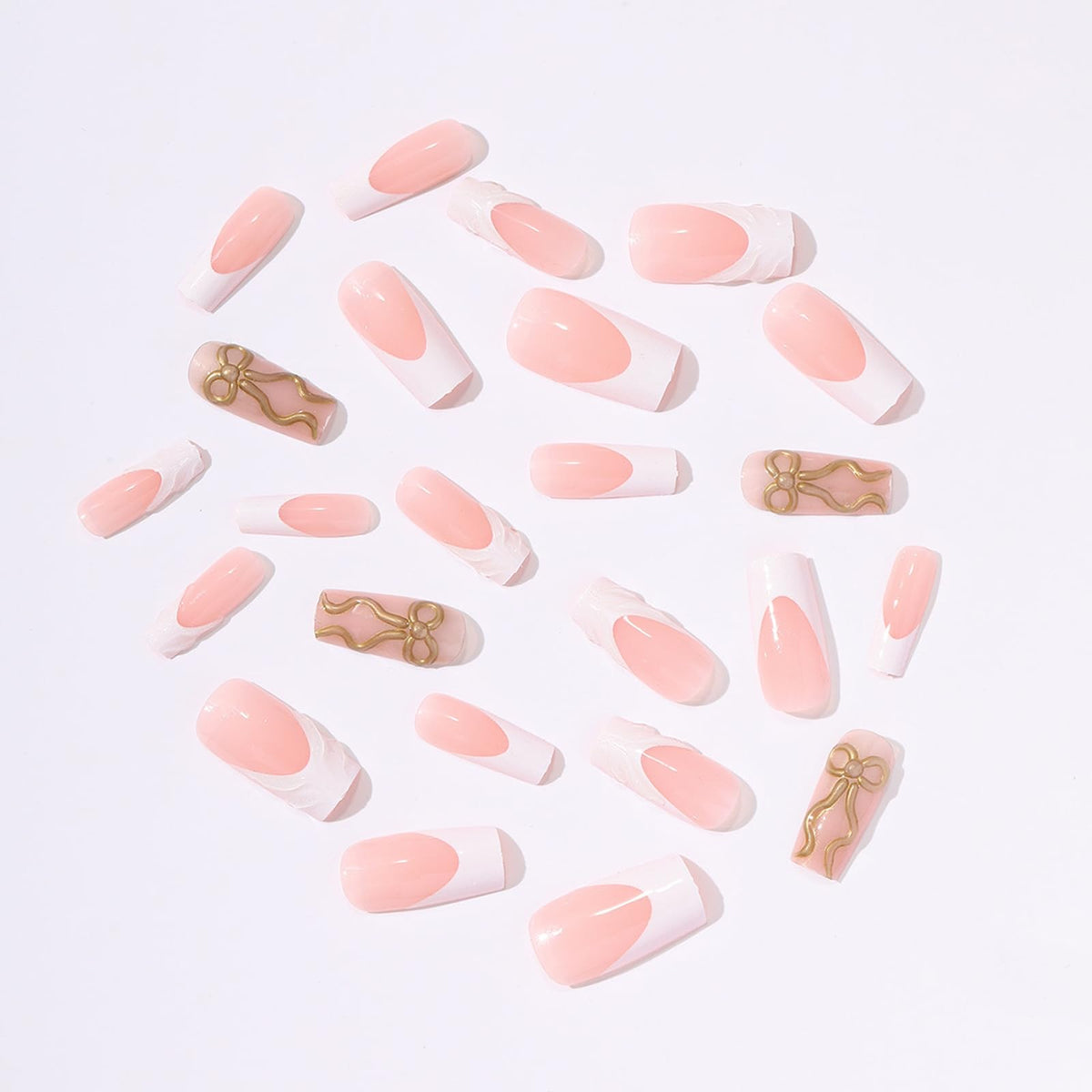 IMRAIN Press on Nails Long Square Fake Nails White French Tips False Nails with 3D Golden Bow Designs Full Cover Glue on Nails for Women
