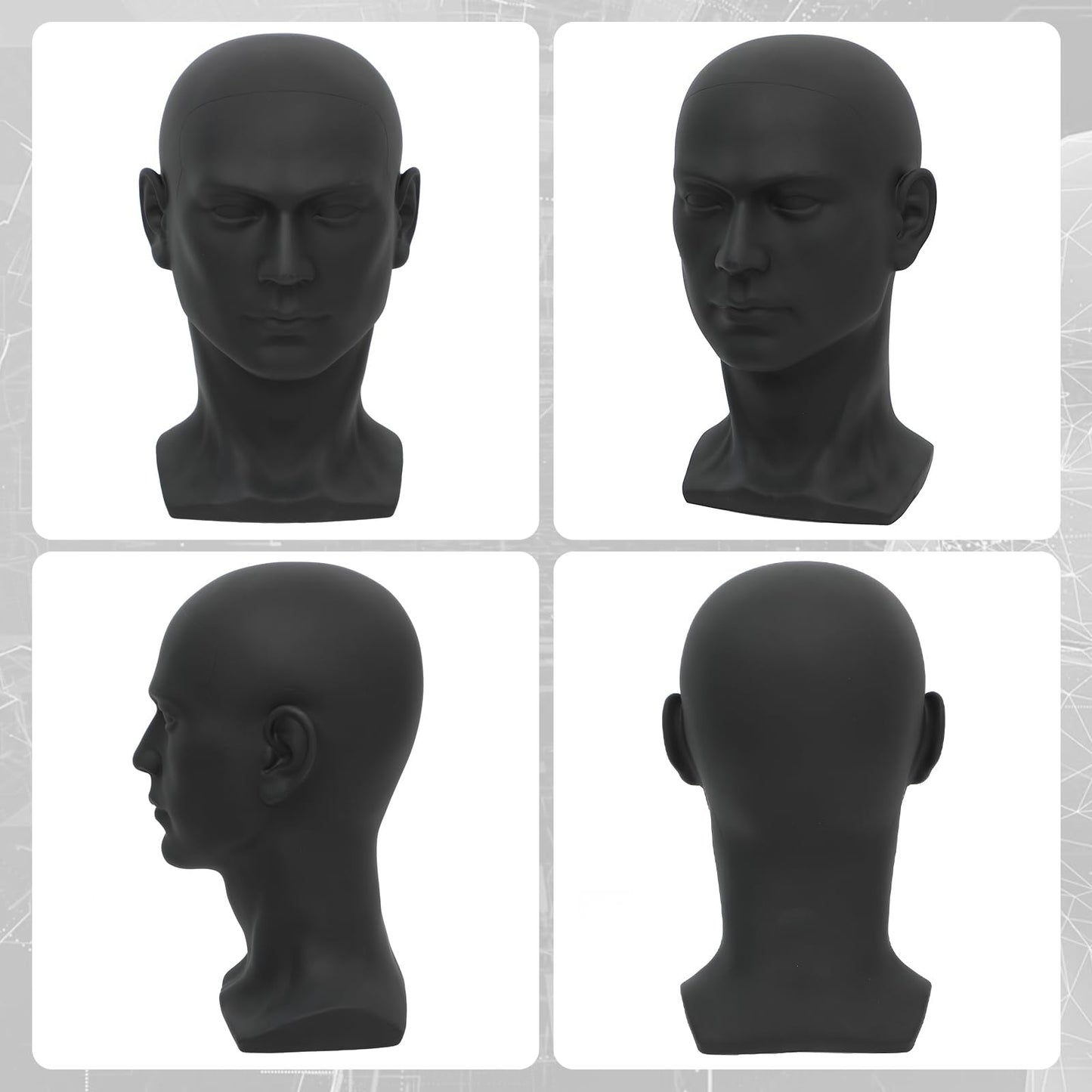 Male Mannequin Head Professional PVC Manikin Head for Display Wigs Hats Headphone Mask Sunglasses Scarf Jewelry Display Stand (Black Matte)