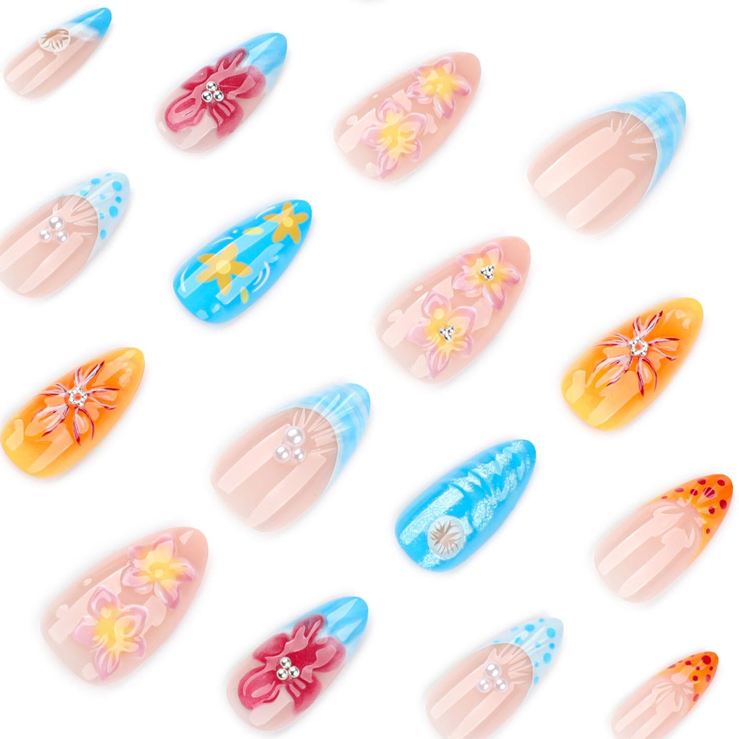 24 Pcs 3D Flower Press on Nails Medium Almond Fake Nails with Pearl Floral Designs Full Cover Glue on Nails Glitter Acrylic Blue and Yellow False Nail for Women