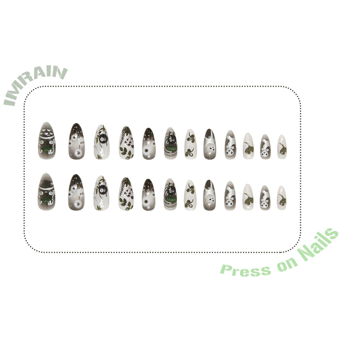 IMRAIN Press on Nails Medium Almond Fake Nails with Cute Pattern Design Glossy Black Ombre Acrylic False Nails Full Cover Glue on Nails Artificial Nail Supplies for Women Girl Nail Decoration